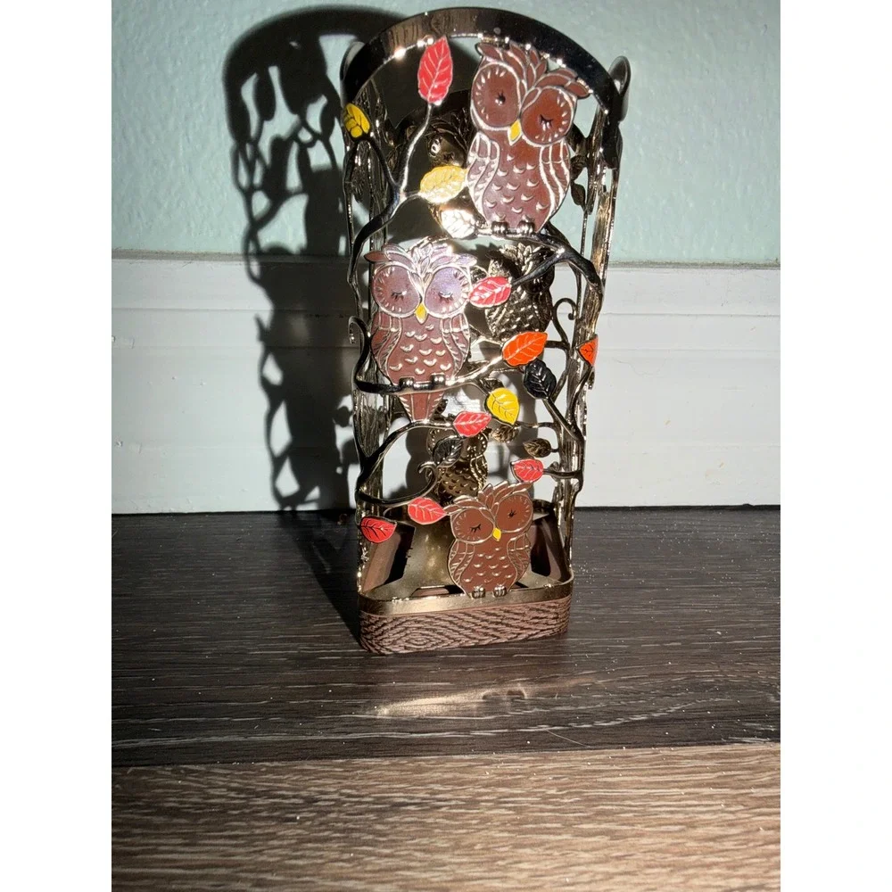 Bath and Body Works Soap Holder Owl Autumn Leaves Metal Decorative Sleeve
